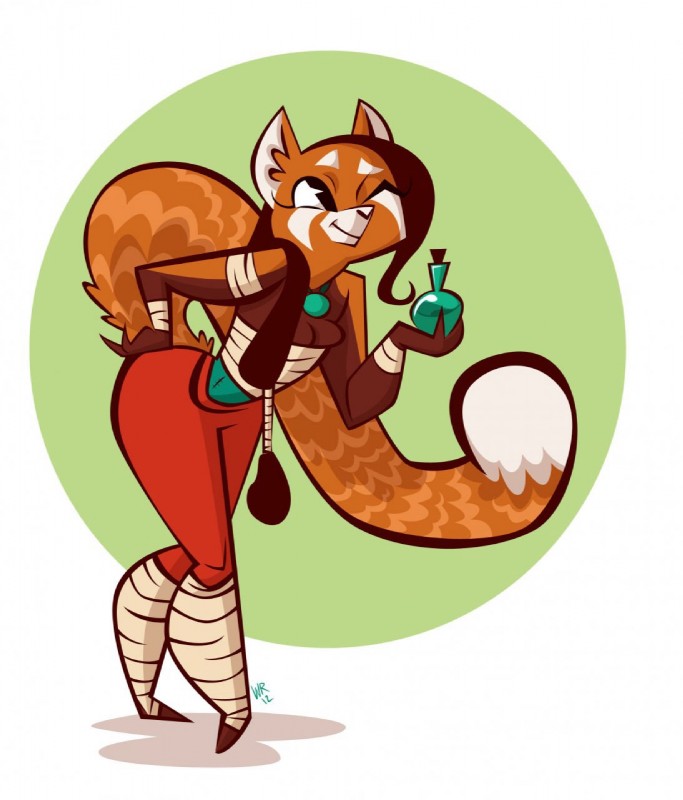 anthro clothing female one_eye_closed potion simple_background smile solo wide_hips wink pastel_please ailurid mammal red_panda hi_res