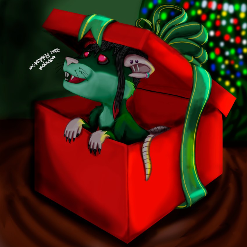 anthro christmas_gift christmas_tree ear_piercing ear_ring female gift holidays piercing plant ring_piercing smile solo tree young theslimedragon christmas mammal murid murine rat rodent 1:1 hi_res