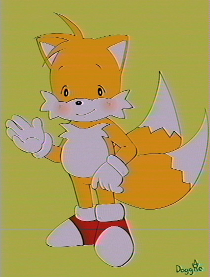 2_tails 5_fingers anthro biped clothing countershade_face countershade_torso countershading dipstick_tail eyebrows fingers footwear gloves handwear looking_at_viewer male markings multi_tail shoes smile solo tail tail_markings vhs_filter doggie358 cc-by-nc-sa creative_commons sega sonic_the_hedgehog_(series) miles_prower canid canine fox mammal