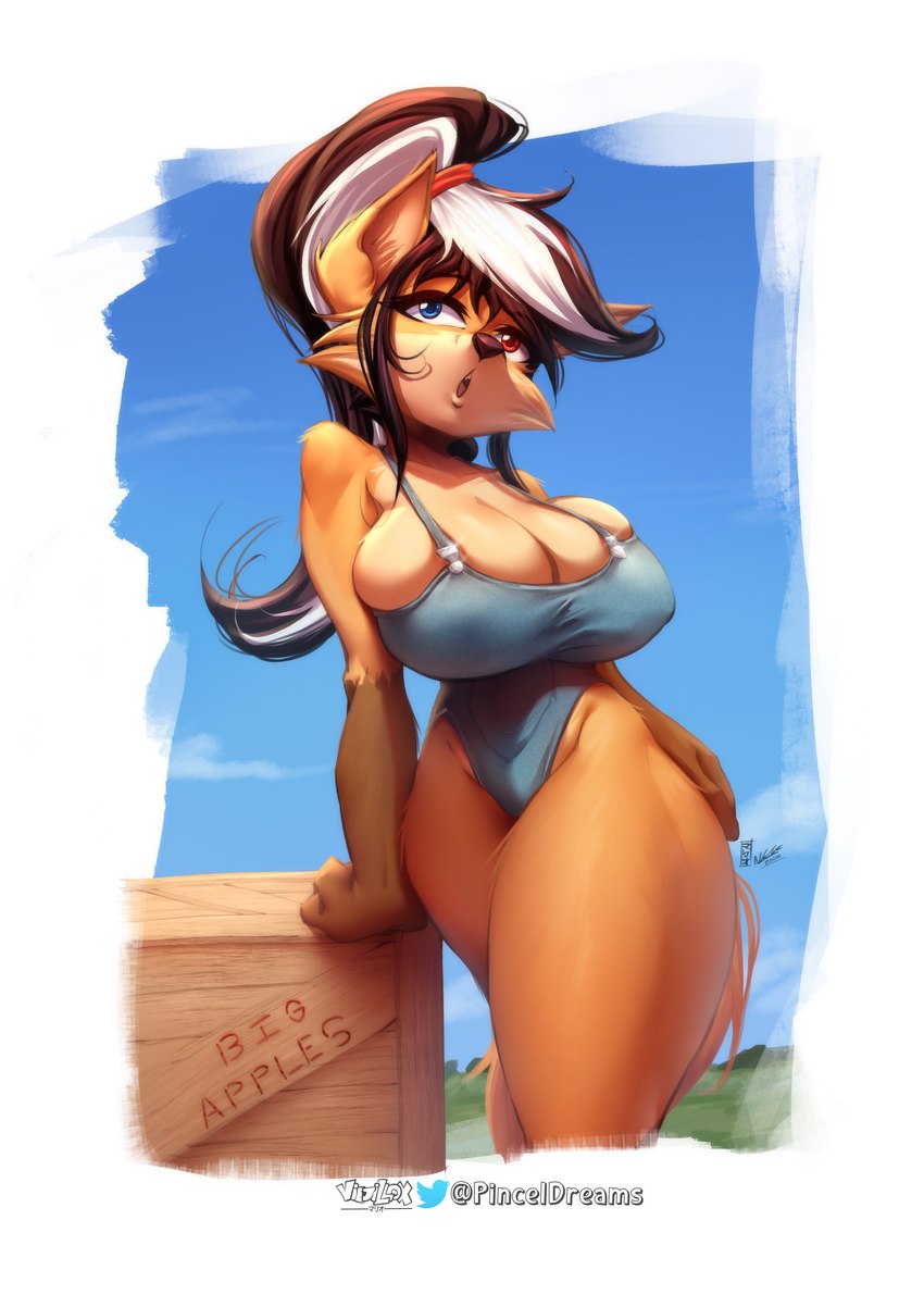 anthro arm_support big_breasts black_nose blue_eyes border breasts cleavage cleavage_overflow clothed clothing curvy_anthro curvy_female curvy_figure day female front_view fur hair heterochromia hourglass_figure hourglass_figured_anthro hourglass_figured_female multicolored_hair orange_body orange_fur outside pose red_eyes short_stack small_waist solo standing thick_thighs two_tone_hair white_border wide_hipped_anthro wide_hipped_female wide_hips viejillox elizabeth_fox canid canine fox mammal 2022 absurd_res colored digital_media_(artwork) hi_res portrait shaded three-quarter_portrait