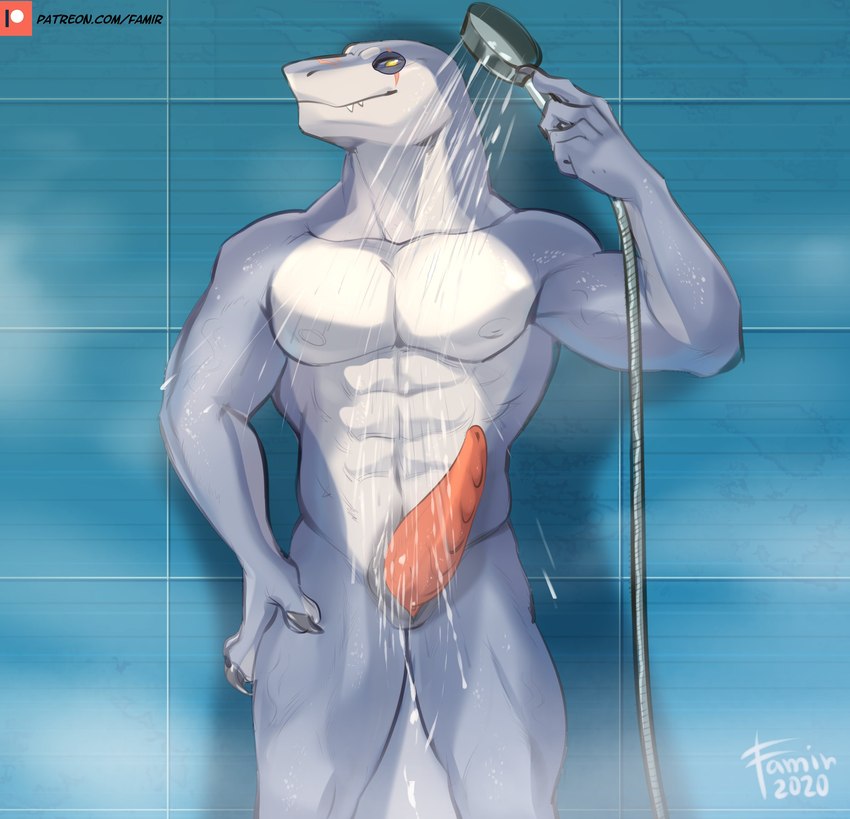 abs animal_genitalia anthro bald bathing blue_sclera closed_smile countershading erection fangs front_view genital_slit genitals grey_body hand_on_hip holding_object holding_shower_head looking_at_viewer male mouth_closed muscular muscular_anthro muscular_male nipples pecs penis red_penis shower_head showering smile solo tapering_penis teeth wet wet_body white_body white_nipples yellow_eyes famir fish marine shark 2020 absurd_res dated hi_res portrait three-quarter_portrait