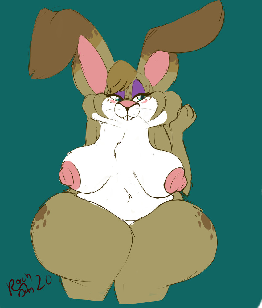 anthro areola big_areola big_breasts big_nipples breasts chest_tuft female mature_anthro mature_female nipples nude pink_areola pink_nipples simple_background solo thick_thighs tuft wide_hips rachellebun rachelle lagomorph leporid mammal rabbit absurd_res hi_res