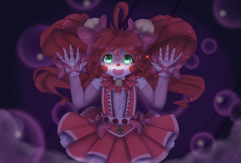 against_surface bell bottomwear clothing cracked female glass glowing glowing_eyes heart_symbol looking_at_viewer machine not_furry on_glass skirt solo togeticisa five_nights_at_freddy's scottgames sister_location circus_baby_(fnaf) android animatronic humanoid robot robot_humanoid hi_res