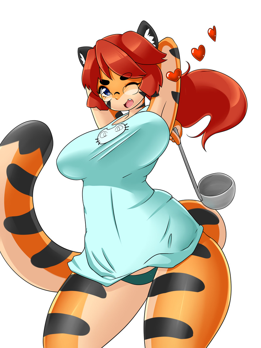 anthro clothing eyewear female glasses hair heart_symbol kitchen_utensils ladle one_eye_closed panties solo tools underwear wink nekonny neropan felid mammal pantherine tiger 3:4 artist_collaboration hi_res