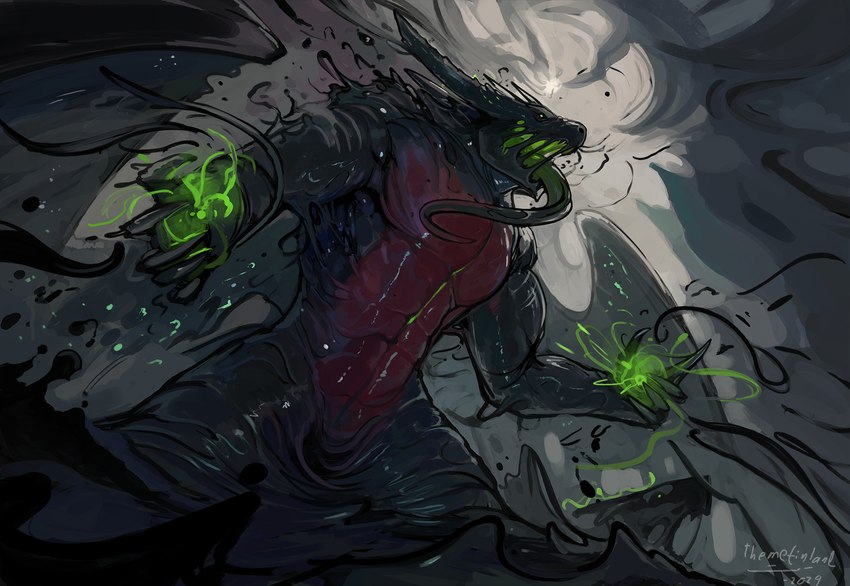 anthro black_body goo-connected_lips green_body horn long_tongue magic male open_mouth red_body slime solo tongue tongue_out wings themefinland mythology dragon goo_creature monster mythological_creature mythological_scalie scalie 2024 digital_media_(artwork) hi_res