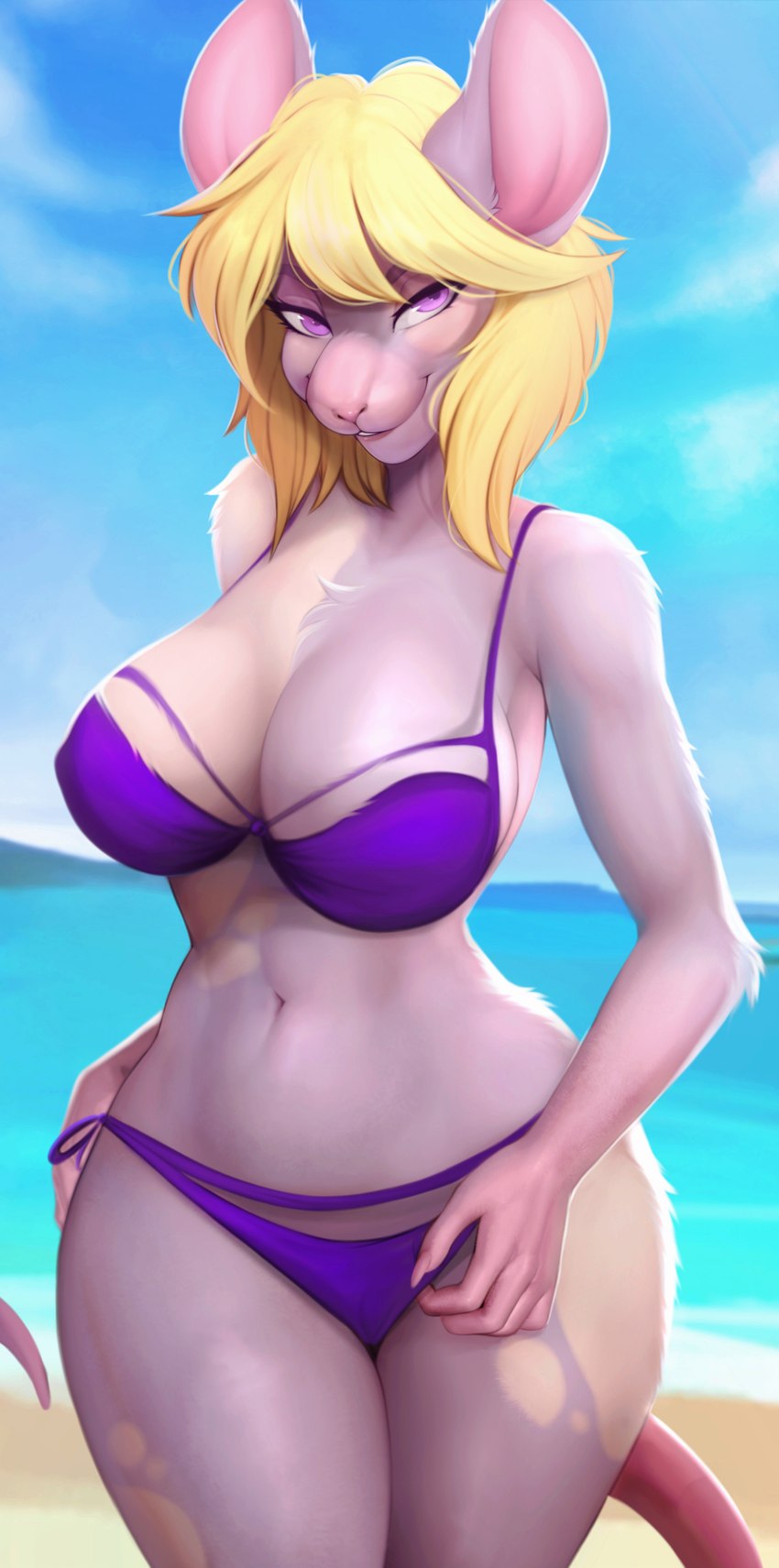 anthro beach big_breasts bikini blonde_hair breasts cleavage clothed clothing cloud day female hair looking_at_viewer midriff navel outside purple_eyes sand sea seaside sky smile solo swimwear two-piece_swimsuit water wide_hips veliren_rey sheila_(irvingwrites) mammal mouse murid murine rodent 2022 absurd_res hi_res