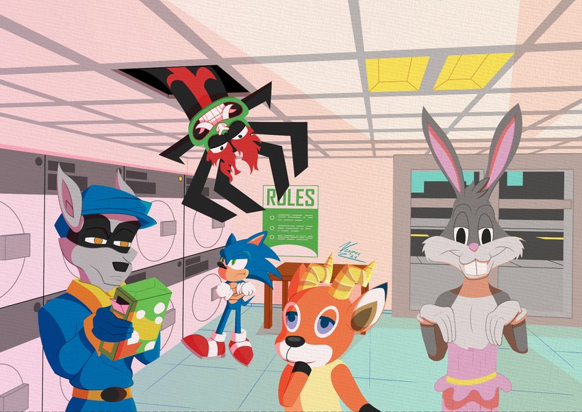 anthro appliance ceiling ceiling_lamp ceiling_tiles clothing dress group hole_in_ceiling lamp laundromat laundry_machine male male/male poster slice_of_life waiting window vesper_thee_bat animal_crossing looney_tunes nintendo sega sly_cooper_(series) sonic_the_hedgehog_(series) sony_corporation sony_interactive_entertainment sucker_punch_productions warner_brothers aku beau_(animal_crossing) bugs_bunny sly_cooper sonic_the_hedgehog deer demon eulipotyphlan hedgehog lagomorph leporid mammal procyonid rabbit raccoon 2024 better_version_at_source hi_res