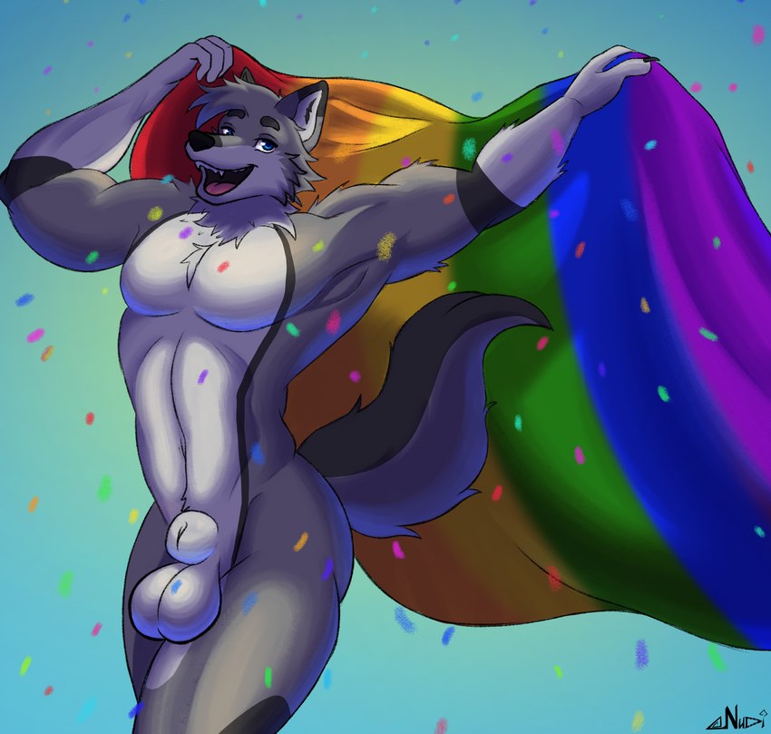 animal_genitalia balls fully_sheathed genitals lgbt_pride male muscular nude pride_colors sheath six-stripe_rainbow_pride_colors solo nudii canid canine canis mammal wolf absurd_res hi_res