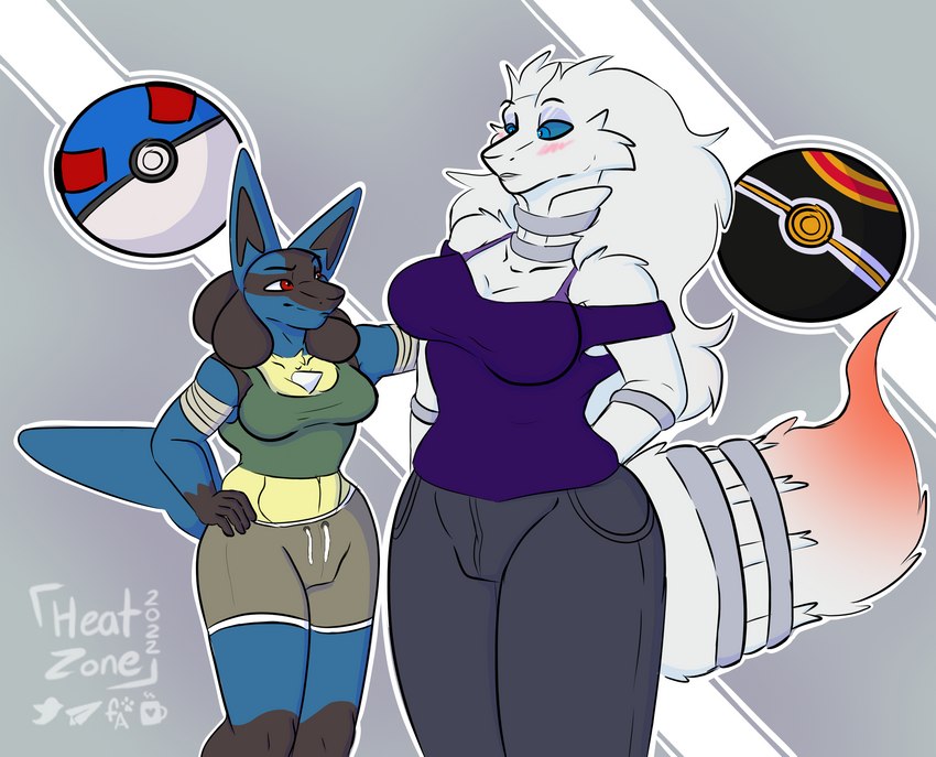 anthro blush clothed clothing duo female female/female great_ball hands_behind_back luxury_ball patting_back pokeball heatzone nintendo pokemon generation_4_pokemon generation_5_pokemon legendary_pokemon lucario pokemon_(species) reshiram hi_res