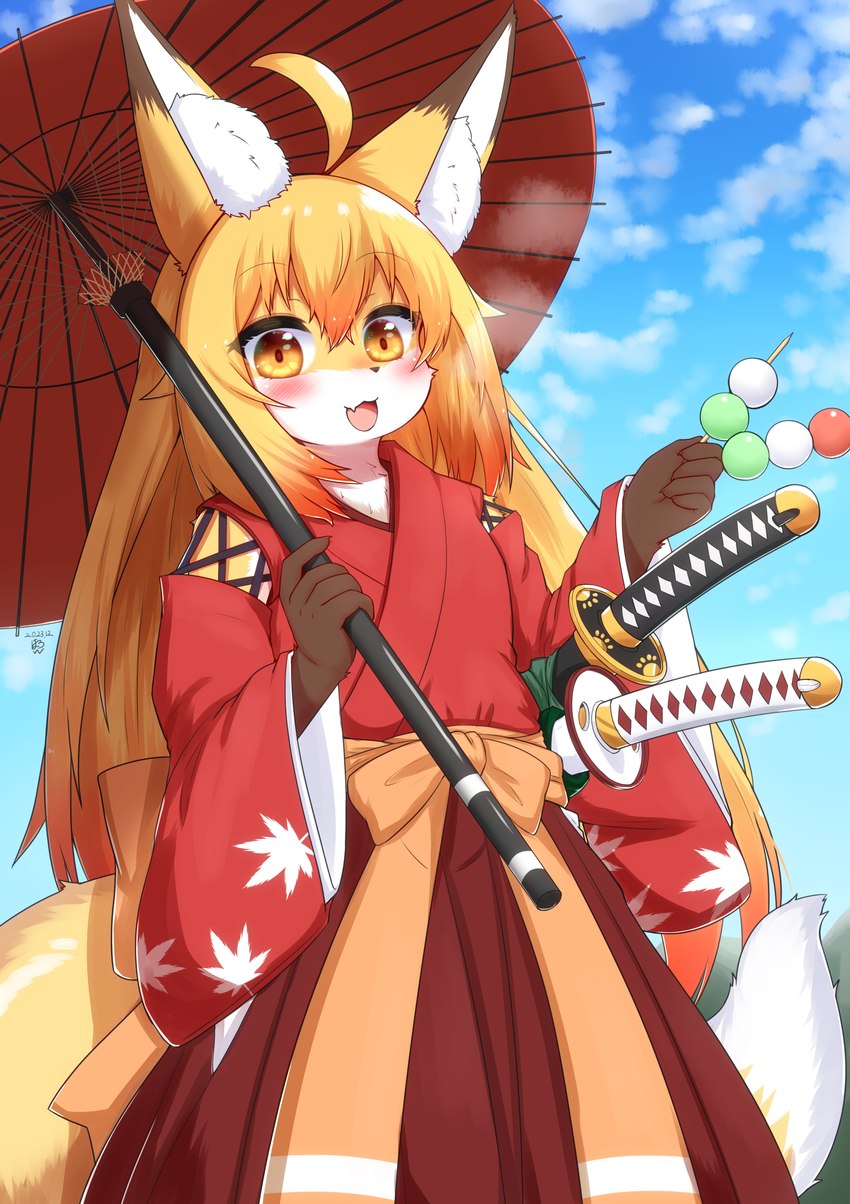 5_fingers ahoge anthro asian_clothing blonde_hair blush brown_body brown_fur claws clothed clothing cute_fangs dango_(food) dipstick_ears dipstick_tail ear_markings east_asian_clothing fangs female female_anthro finger_claws fingers flat_chested fluffy fur hair inner_ear_fluff japanese_clothing katana kemono looking_at_viewer markings melee_weapon multicolored_body multicolored_ears multicolored_fur open_mouth parasol samurai solo sword tail tail_markings teeth tongue tuft warrior weapon white_body white_fur yellow_body yellow_eyes yellow_fur horokusa0519 korai_(horokusa) canid canine fox mammal 2023 absurd_res alternate_version_at_source digital_media_(artwork) hi_res portrait three-quarter_portrait