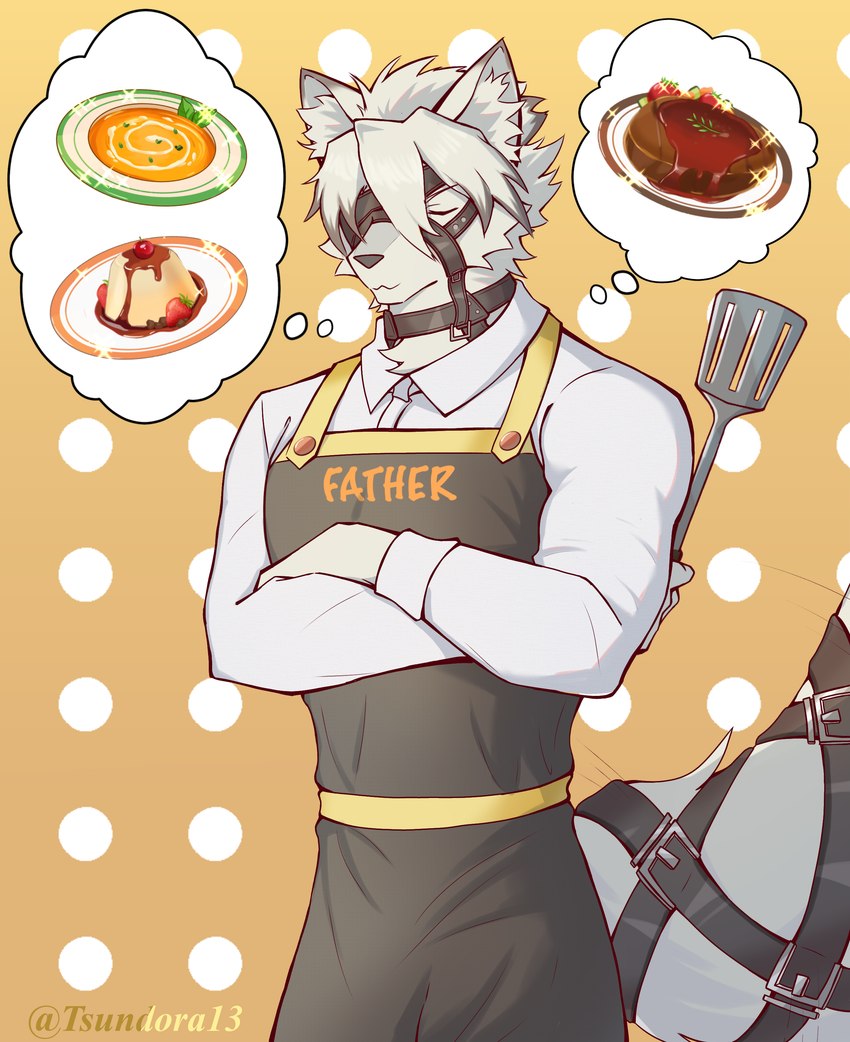 anthro apron clothing food fur happy harness male shirt tail topwear white_body white_fur tsundora13 tsundora4 mihoyo zenless_zone_zero von_lycaon canid canine mammal absurd_res hi_res