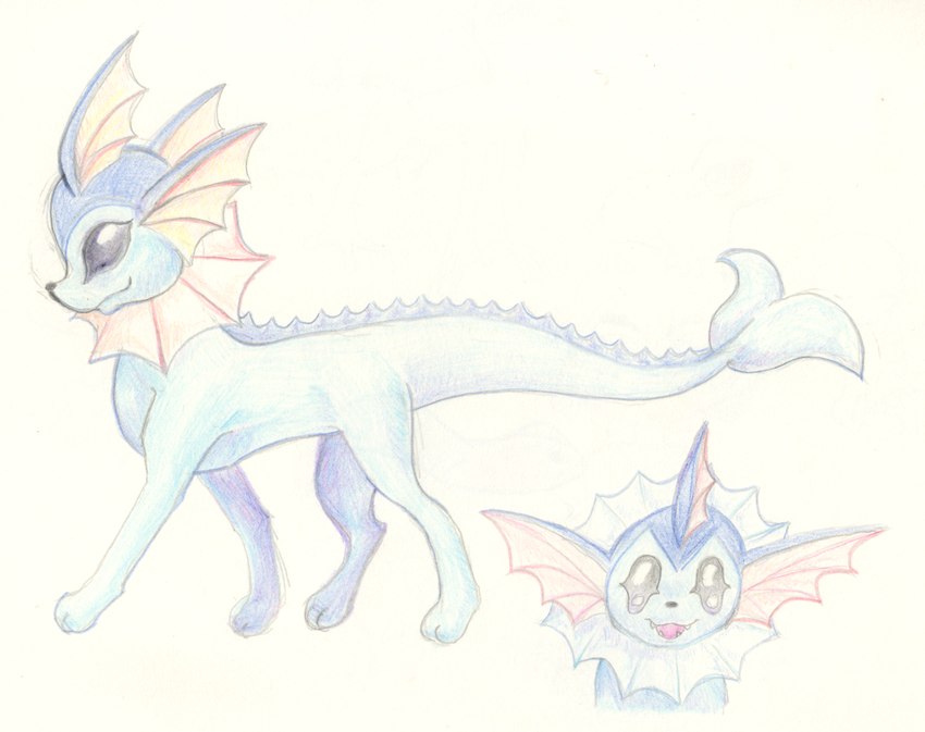 ambiguous_gender blue_body cute_fangs fangs feral fin front_view looking_at_viewer open_mouth open_smile quadruped side_view simple_background smile solo tail teeth walking teochronico nintendo pokemon eeveelution generation_1_pokemon pokemon_(species) vaporeon 2021 colored_pencil_(artwork) hi_res traditional_media_(artwork)