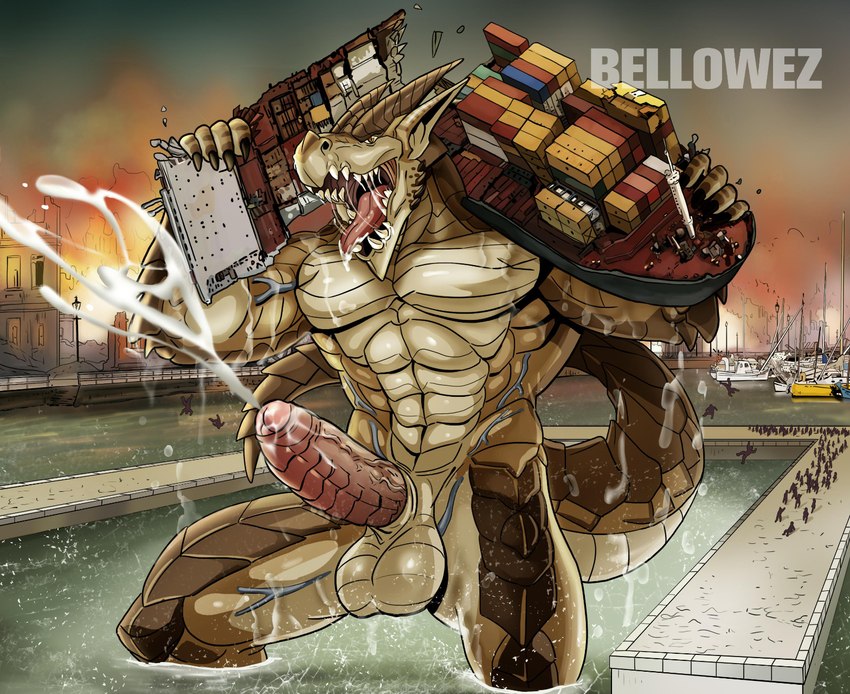 4_fingers anthro balls biceps biped bodily_fluids building building_destruction burning burning_building cargo_ship city city_background city_destruction cityscape claws crush crushed_vehicle cum cumshot destruction detailed_background ejaculation erection extreme_size_difference finger_claws fingers genital_fluids genitals harbor humanoid_genitalia humanoid_penis looking_at_viewer macro macro_anthro macro_male male merchant_ship muscular muscular_anthro muscular_male nude open_mouth orgasm outside pecs penile penis rampage roaring scaled_penis sea ship size_difference solo tail teeth tongue vehicle vehicle_destruction vein veiny_muscles veiny_penis water watercraft bellowez mythology brutus_(pyronite) dragon mythological_creature mythological_scalie scalie hi_res