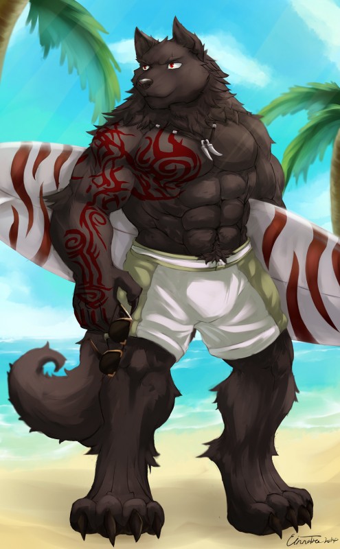 abs anthro beach biceps big_muscles biped black_body black_fur black_hair black_nose bottomwear claws clothed clothing collar detailed_background eyewear front_view fur glasses grin hair jewelry looking_away male muscular muscular_anthro muscular_male necklace outside paws pecs pose red_eyes sand sea seaside shorts sky smile solo standing sunglasses surfboard swimwear tattoo toe_claws topless vehicle water watercraft cinna-tree thorn_(wolf7664) canid canine canis mammal wolf 2014 hi_res