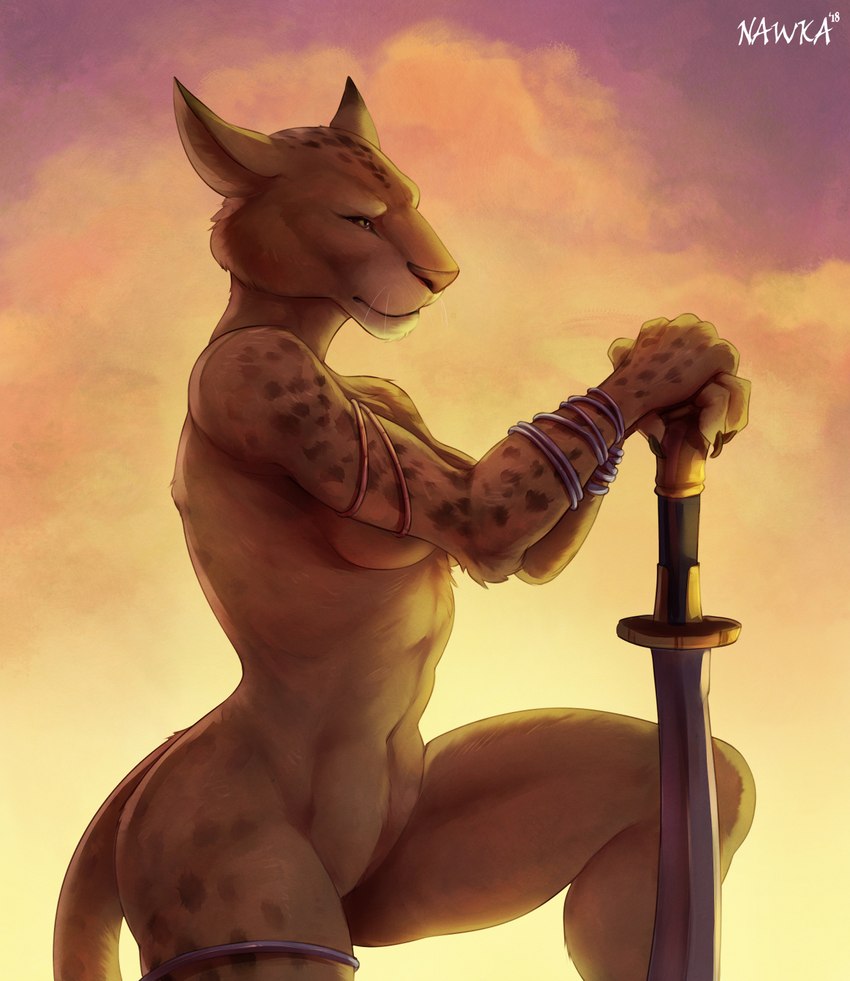 5_fingers anthro athletic athletic_anthro athletic_female barely_visible_genitalia barely_visible_pussy breasts female fingers fur genitals medium_breasts melee_weapon nude pussy side_view sky solo sword weapon whiskers nawka hasbro magic:_the_gathering wizards_of_the_coast mirri_cat_warrior catfolk domestic_cat felid feline felis leonin mammal 2018 digital_media_(artwork) hi_res signature