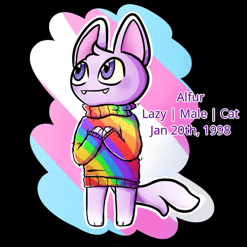 anthro blush clothed clothing fur lazy_personaity lgbt_pride male multicolored_clothing multicolored_sweater multicolored_topwear pride_color_background pride_color_clothing pride_colors purple_body purple_fur rainbow_clothing rainbow_pride_clothing rainbow_pride_colors rainbow_sweater rainbow_symbol rainbow_topwear simple_background six-stripe_rainbow_pride_colors smile solo sweater topwear transgender_pride_colors demon_ascended_(artist) animal_crossing nintendo alfur_(demon_ascended) fan_character domestic_cat felid feline felis mammal 1:1 2020 alpha_channel digital_drawing_(artwork) digital_media_(artwork) andromorph_(lore)