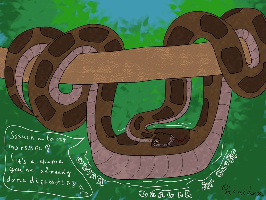 abdominal_bulge day dialogue digestion digestion_noises fatal_vore feral feral_pred forest forked_tongue hanging_from_branch happy jungle male plant rumbling_stomach satisfied smile soft_vore solo speech_bubble taunting text tongue toony tree vore ptarodex disney the_jungle_book kaa_(jungle_book) indian_python python python_(genus) reptile scalie snake 2024 4:3 absurd_res colored digital_drawing_(artwork) digital_media_(artwork) english_text hi_res