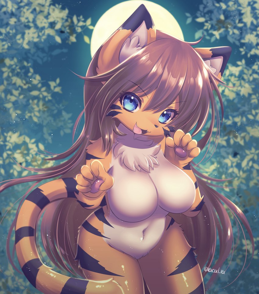 anthro big_breasts breasts chest_tuft claws fangs featureless_breasts featureless_crotch female female_anthro finger_claws fluffy fur hair kemono long_hair looking_at_viewer moon multicolored_body multicolored_fur navel night nude open_mouth outside pawpads plant solo tail teeth tongue tree tuft racal_ra felid mammal pantherine tiger 2022 digital_media_(artwork) hi_res