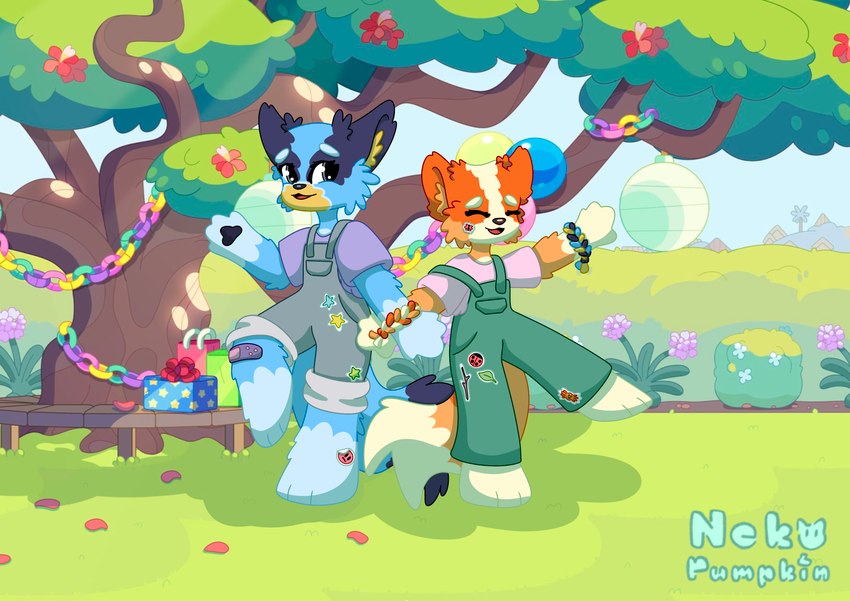 anthro bracelet clothed clothing duo female garden jewelry looking_at_viewer smile sticker young nekopumpkin bluey_(series) bingo_heeler bluey_heeler australian_cattle_dog canid canine canis cattledog domestic_dog herding_dog mammal pastoral_dog absurd_res hi_res