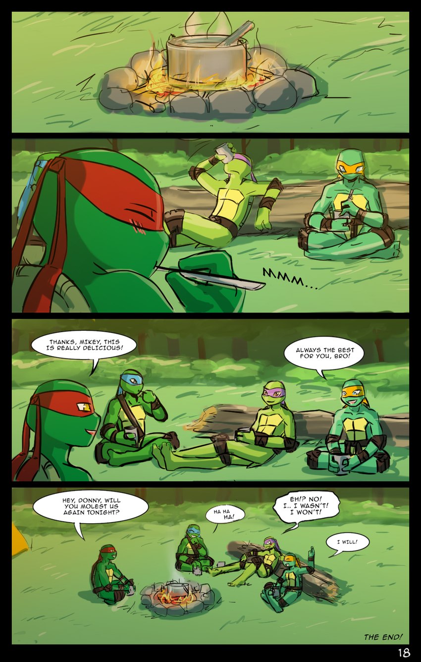 adolescent blush bonfire cooking dialogue eating forest group kerchief male outside plant text tree young momorawrr neattea teenage_mutant_ninja_turtles donatello_(tmnt) leonardo_(tmnt) michelangelo_(tmnt) raphael_(tmnt) reptile scalie turtle comic english_text hi_res brother_(lore) brothers_(lore) sibling_(lore)