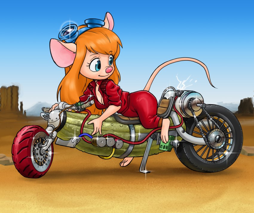 anthro breasts cleavage clothed clothing eyewear female food goggles jumpsuit motorcycle outside pickle_(food) solo vehicle pencils_(artist) chip_'n_dale_rescue_rangers disney gadget_hackwrench mammal mouse murid murine rodent 2022