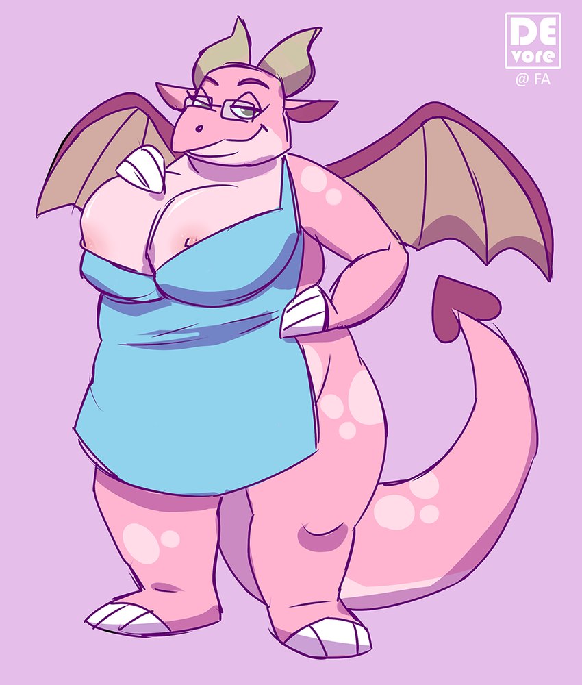 anthro apron apron_only big_breasts breasts clothing eyewear female glasses hand_on_breast hand_on_hip horn looking_at_viewer mature_female mostly_nude nipples overweight overweight_anthro overweight_female pink_body simple_background smile smiling_at_viewer solo tail thick_tail thick_thighs wings devore activision mythology spyro_the_dragon mrs._shoutfire dragon mythological_creature mythological_scalie scalie 2023 digital_drawing_(artwork) digital_media_(artwork)