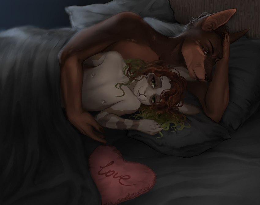 anthro arm_around_waist arm_support bed brown_body brown_fur brown_hair brown_skin clothed clothing cuddling detailed_background duo femboy fur furniture green_eyes green_hair hair hand_in_hair heart_(marking) heart_symbol highlights_(coloring) hug inside leaning_on_elbow light looking_at_another looking_at_partner looking_at_viewer lying male markings mottled mottled_body mottled_skin multicolored_body multicolored_fur multicolored_hair multicolored_skin nipple_piercing nipple_ring nipples nude on_bed on_side pale_body pale_skin piercing pillow red_eyes ring_piercing size_difference smile text text_on_pillow topless touching_hair translucent translucent_clothing under_covers nazena_ra kain_vanderhilt sandry_vallheim canid canine canis dobermann domestic_dog lagomorph leporid mammal pinscher rabbit 2022 absurd_res colored detailed digital_drawing_(artwork) digital_media_(artwork) digital_painting_(artwork) english_text hi_res lighting shaded trans_(lore) trans_woman_(lore)