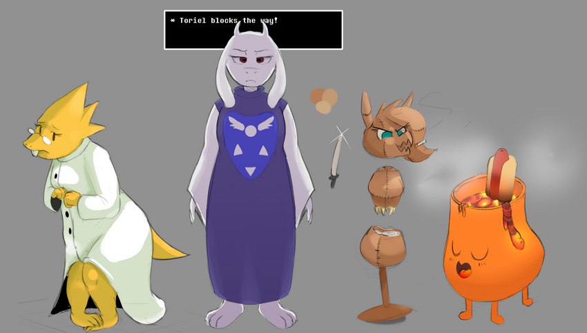 ambiguous_gender anthro clothing coat eyewear female feral food glasses group hot_dog knife lab_coat lava sharp_teeth simple_background teeth text text_box topwear hitsuji undertale undertale_(series) alphys dummy_(undertale) shio_(hitsuji) toriel vulkin bovid caprine goat lizard mammal monster reptile scalie absurd_res hi_res