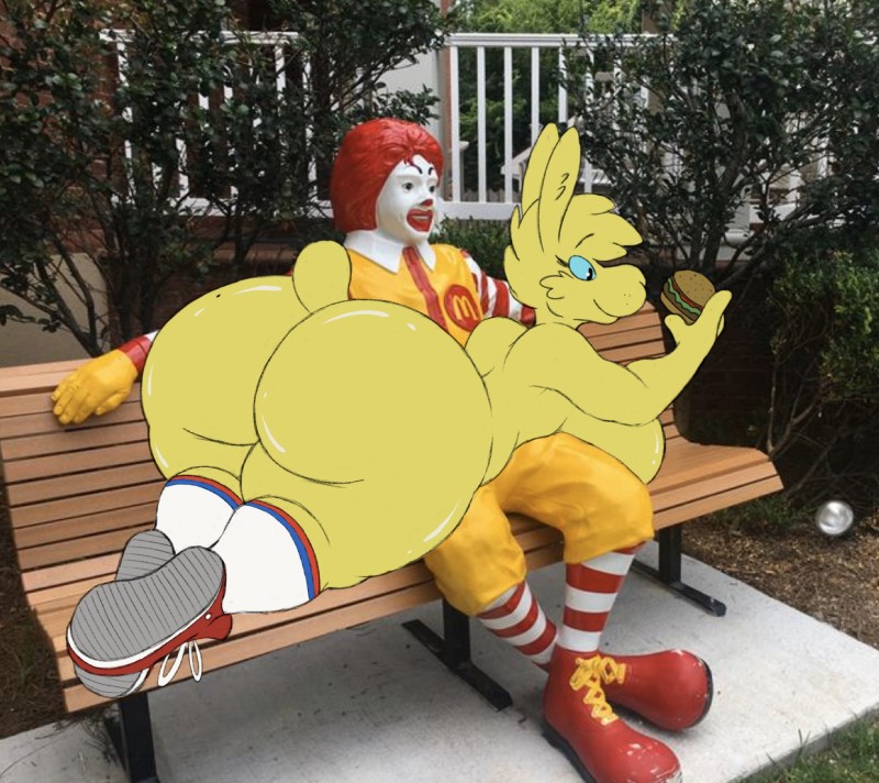 anthro bench big_breasts big_butt blue_eyes breasts burger butt clothing female food footwear fur legwear mascot mostly_nude photo_background real shoes socks solo text text_on_clothing thick_thighs yellow_body yellow_fur delfucko mcdonald's miss_b ronald_mcdonald hi_res photography_(artwork)