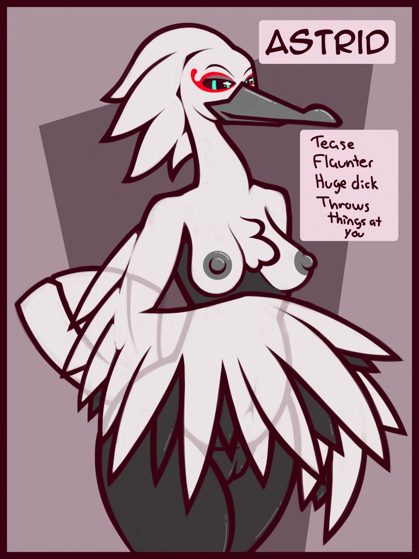 anthro areola beak black_body black_feathers black_sclera blue_eyes breasts chest_tuft facial_markings feathered_wings feathers female genitals grey_areola grey_background grey_beak grey_body grey_feathers grey_nipples head_markings head_tuft markings navel nipples non-mammal_breasts non-mammal_nipples nude pussy red_markings simple_background small_breasts solo tail tail_feathers text thick_thighs tuft white_body white_feathers wide_hips winged_arms wings ikakins nintendo pokemon avian bird bombirdier generation_9_pokemon pokemon_(species) english_text hi_res