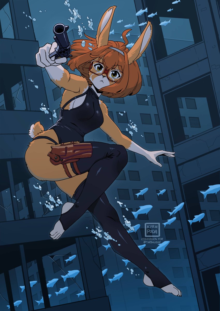accessory air_bubble anthro breasts brown_hair clothing eyewear female glasses gun hair hair_accessory hairband handgun holding_gun holding_object holding_ranged_weapon holding_weapon legwear looking_at_viewer medium_breasts one-piece_swimsuit rabbit_ears ranged_weapon scut_tail short_hair short_tail side_boob solo swimwear tail thick_thighs thigh_highs toeless_legwear underwater water weapon wide_hips kyriepoda ambient_fish ambient_sealife lagomorph leporid mammal rabbit absurd_res hi_res
