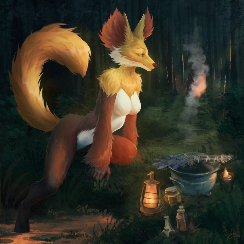 anthro breasts candle casual_nudity featureless_breasts female fire forest fur inner_ear_fluff lamp lantern medium_breasts nude orange_body orange_fur outdoor_nudity outside plant smoke solo tree tuft yellow_body yellow_fur ira-arn nintendo pokemon canid delphox generation_6_pokemon mammal pokemon_(species) 1:1 hi_res