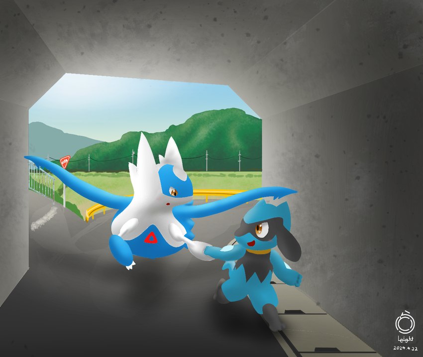 anthro blue_body duo eye_contact fence feral hand_holding hand_on_hand landscape looking_at_another male mountain multicolored_body outside road sign tunnel yellow_eyes kemo_leight nintendo pokemon generation_3_pokemon generation_4_pokemon latios legendary_pokemon pokemon_(species) riolu