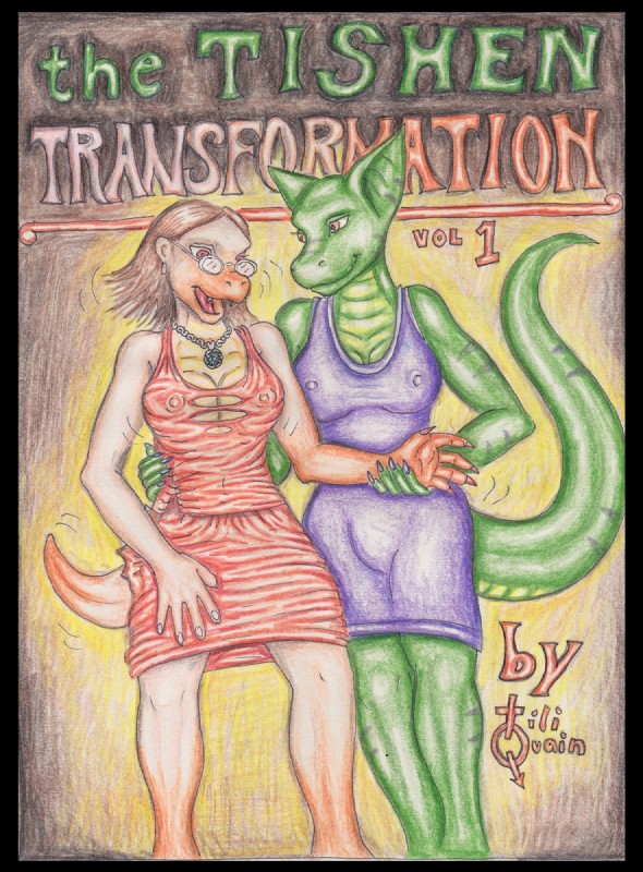 anthro black_border border breasts brown_hair cleavage clothed clothing duo eyewear fangs female glasses green_body green_scales hair jewelry necklace scales standing tail teeth text torn_clothing transformation wardrobe_malfunction tiliquain zmeydros mythology the_tishen_transformation alexi_tishen heather_kowalski dragon human mammal mythological_creature mythological_scalie scalie colored_pencil_(artwork) comic english_text hi_res traditional_media_(artwork)