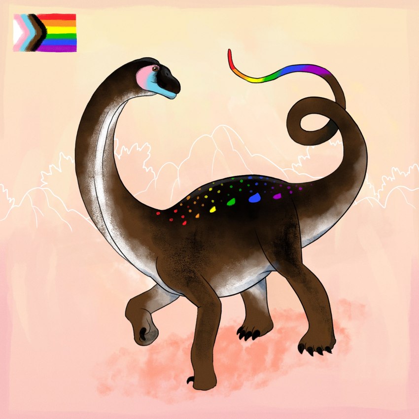 ambiguous_gender brown_body claws countershading feral lgbt_pride markings multicolored_body multicolored_markings multicolored_tail pride_color_markings pride_color_palette pride_colors progress_pride_colors rainbow_markings rainbow_pride_colors rainbow_tail six-stripe_rainbow_pride_colors solo spots spotted_back spotted_body tail text two_tone_body white_body white_countershading kutv dinosaur prehistoric_species reptile sauropod sauropodomorph scalie 1:1 absurd_res english_text hi_res restricted_palette