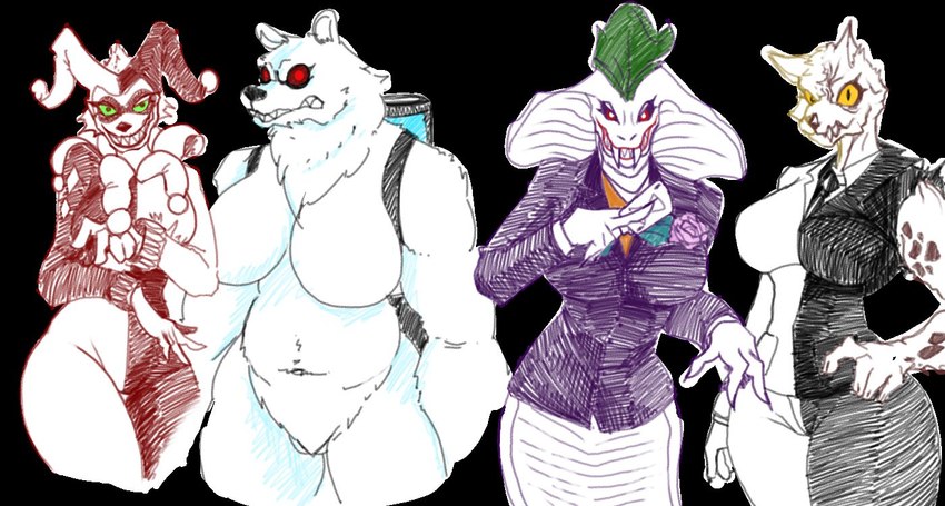 alternate_species anthro apode big_breasts black_background black_bottomwear black_clothing black_eyes black_necktie black_pants black_topwear bottomwear breasts card clothed clothing clown crossgender eyelashes fangs featureless_breasts female flower fool's_hat fur green_hair green_sclera group hair hand_on_hip hat headgear headwear huge_breasts jester legless looking_at_viewer mohawk navel necktie pants plant playing_card purple_clothing purple_topwear red_eyes red_sclera rose_(flower) serpentine sharp_teeth simple_background smile teeth thick_thighs thigh_gap topwear white_body white_bottomwear white_clothing white_eyes white_fur white_pants white_topwear wide_hips yellow_sclera ggez2341 batman_(series) batman_vs._teenage_mutant_ninja_turtles dc_comics harley_quinn hyena_quinn mr._freeze the_joker two-face bear cobra draconcopode felid hyena mammal naga polar_bear reptile scalie snake ursine