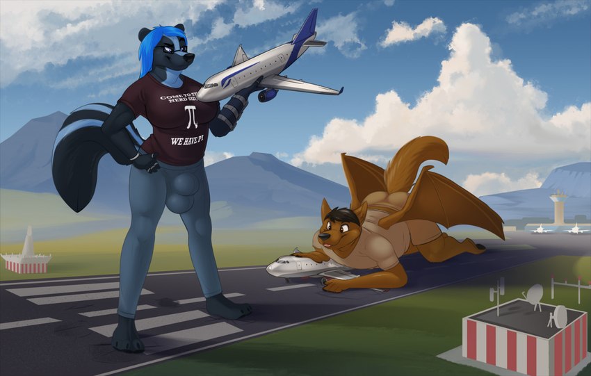 3_toes aircraft airplane airport anthro big_bulge black_body black_fur black_hair blue_eyes blue_hair bottomwear brown_body brown_fur brown_wings bulge claws clothed clothing cloud detailed_bulge duo eyewear feet fur glasses hair holding_vehicle intersex macro male membrane_(anatomy) membranous_wings mountain outside runway shirt shorts sky t-shirt tail tan_bottomwear tan_clothing tan_shirt tan_shorts tan_t-shirt tan_topwear toe_claws toes topwear vehicle white_striped_fur wings bigdarkfluff mythology geemo canid canine canis dragon hybrid mammal mephitid mythological_creature mythological_scalie scalie skunk wolf 2021