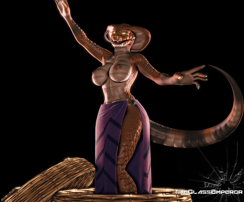 anthro basket belly_dancer belly_dancing bottomwear breasts clothed clothing container dancing female nipples non-mammal_breasts skirt solo tongue tongue_out topless daglassman4797 cobra reptile scalie snake 3d_(artwork) digital_media_(artwork) hi_res