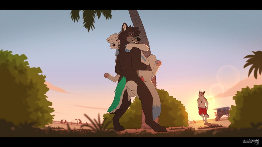 against_natural_surface against_surface against_tree anal anal_penetration anthro anthro_on_anthro anthro_penetrated anthro_penetrating anthro_penetrating_anthro arms_around_partner backsack balls beach black_bars blue_markings brown_body brown_fur clothing duo_focus fur genitals green_markings grey_body grey_fur group lifeguard lifted looking_pleasured male male/male male_on_bottom male_on_top male_penetrated male_penetrating male_penetrating_male markings on_bottom on_top palm_tree penetration penile penile_penetration penis penis_in_ass plant public sex spread_legs spreading stand_and_carry_position standing standing_sex stealth_sex sunset swimming_trunks swimwear tree trio white_body white_fur letodoesart ari_(character) leto_(letodoesart) timber_(letodoesart) arctic_fox canid canine canis fox mammal true_fox wolf 16:9 4k absurd_res hi_res letterbox widescreen