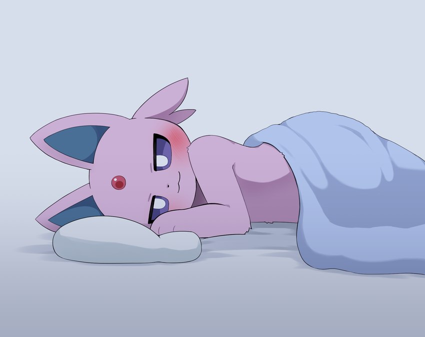 :3 ambiguous_gender anthro bedding blanket blue_inner_ear blush forehead_gem fur gem head_on_pillow kemono light_body light_fur looking_at_viewer lying monotone_body monotone_fur nude on_side pillow pokemorph purple_body purple_ears purple_fur purple_sclera solo tuft under_blanket under_covers white_eyes sum nintendo pokemon eeveelution espeon felid feline generation_2_pokemon mammal pokemon_(species) 2024 colored half-length_portrait hi_res portrait