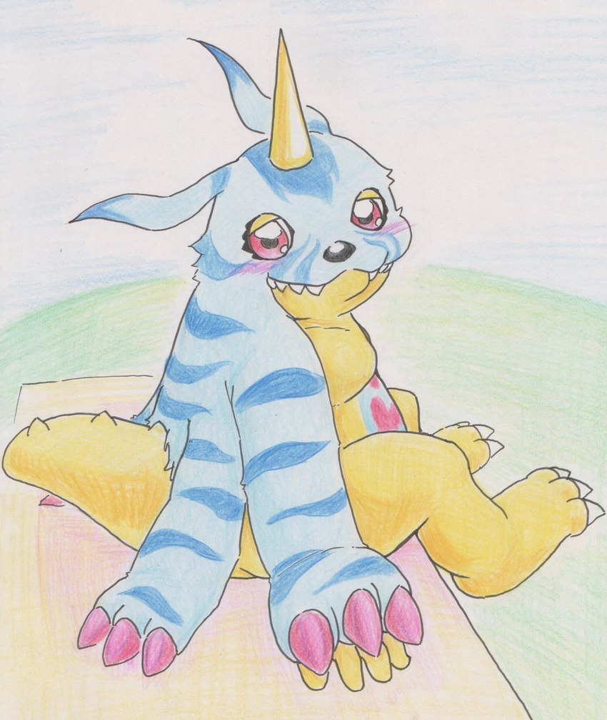 animal_skin anthro belly blush claws horn looking_at_viewer male red_eyes slightly_chubby solo yellow_body tabasukotrr bandai_namco digimon digimon_(species) gabumon hi_res traditional_media_(artwork)