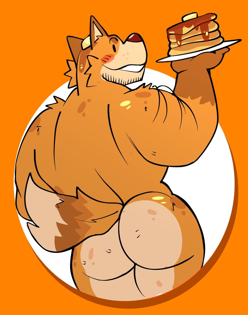 anthro back_groove broad_shoulders bubble_butt butt cocked_hip facial_hair food food_on_head fur holding_plate legs_together looking_at_viewer looking_back looking_back_at_viewer male muscular muscular_male nude nude_male orange_background orange_body orange_fur pancake pose presenting presenting_hindquarters rear_view simple_background smile smiling_at_viewer solo syrup janjauwu pancake_(janjauwu) canid canine fox mammal absurd_res hi_res orange_theme