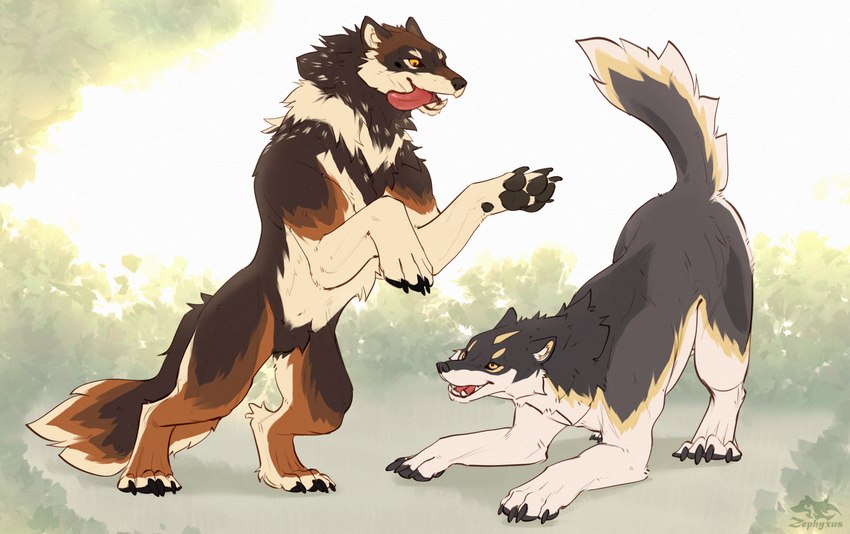 anthro duo feral fur male pawpads paws playing tail zephyxus favonius gausswolf canid canine canis mammal wolf 2023 hi_res