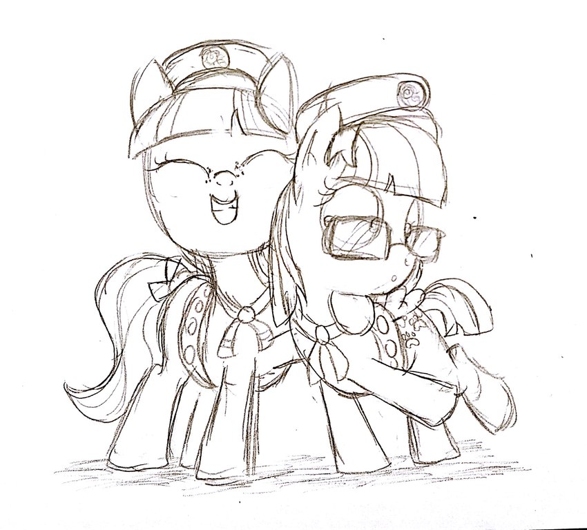 badge cutie_mark duo eyewear female feral glasses hug wings dtcx97 friendship_is_magic girl_scout hasbro my_little_pony mythology ginger_snap_(mlp) zippoorwhill_(mlp) earth_pony equid equine horse mammal mythological_creature mythological_equine pegasus pony hi_res monochrome