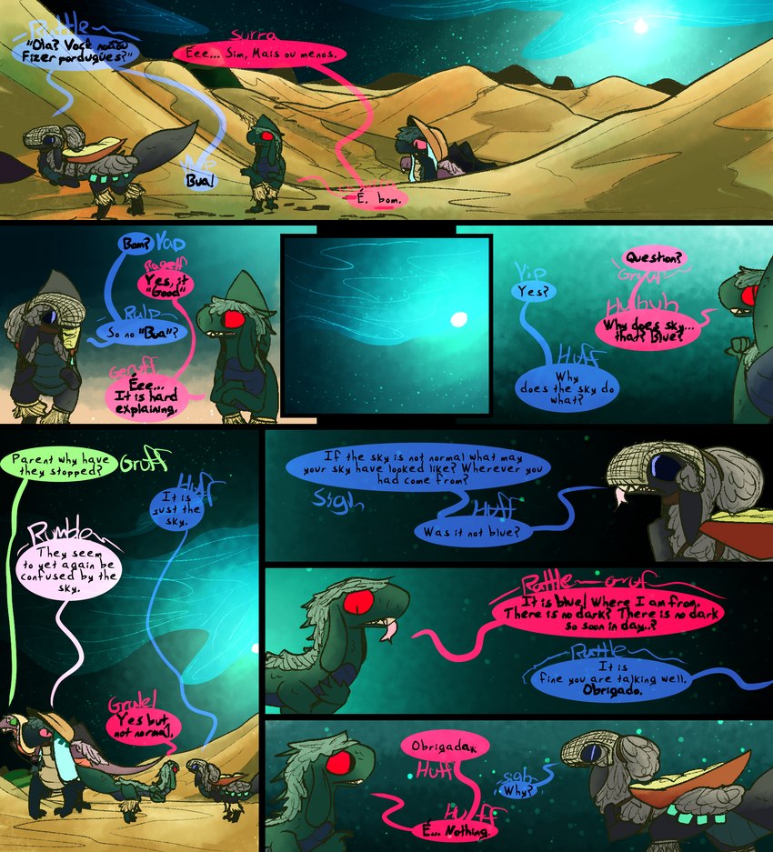 ambiguous_gender desert dialogue fantasy female feral language_barrier post-apocalyptic sand_dune sky tail text thepatchedragon dragonscape mythology garat_(thepatchedragon) joao_(thepatchedragon) lud_(thepatchedragon) omel_(thepatchedragon) ura_(thepatchedragon) dinosaur dragon drekir dromaeosaurid mythological_creature mythological_scalie prehistoric_species reptile scalie theropod comic english_text hi_res