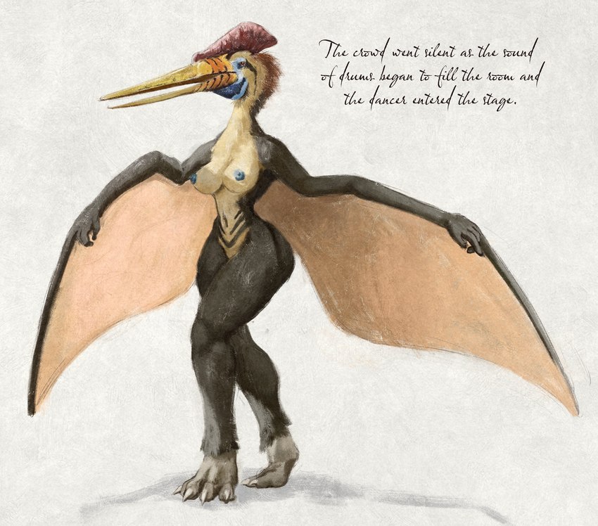 anthro areola beak black_body blue_areola blue_nipples breasts brown_eyes female glistening glistening_eyes journal_entry membrane_(anatomy) membranous_wings navel nipples nude open_mouth solo spread_wings standing tan_body tan_breasts tan_wings text unsigned winged_arms wings yellow_beak upai azhdarchid prehistoric_species pterosaur quetzalcoatlus reptile scalie english_text full-length_portrait hi_res portrait