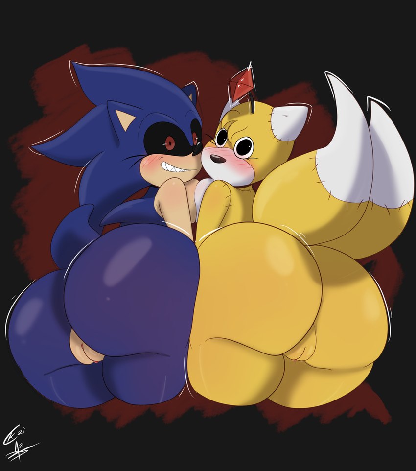 anthro big_butt blue_body butt crossgender duo female genitals pussy yellow_body zombieartz sega sonic_the_hedgehog_(series) sonic.exe tails_doll absurd_res hi_res