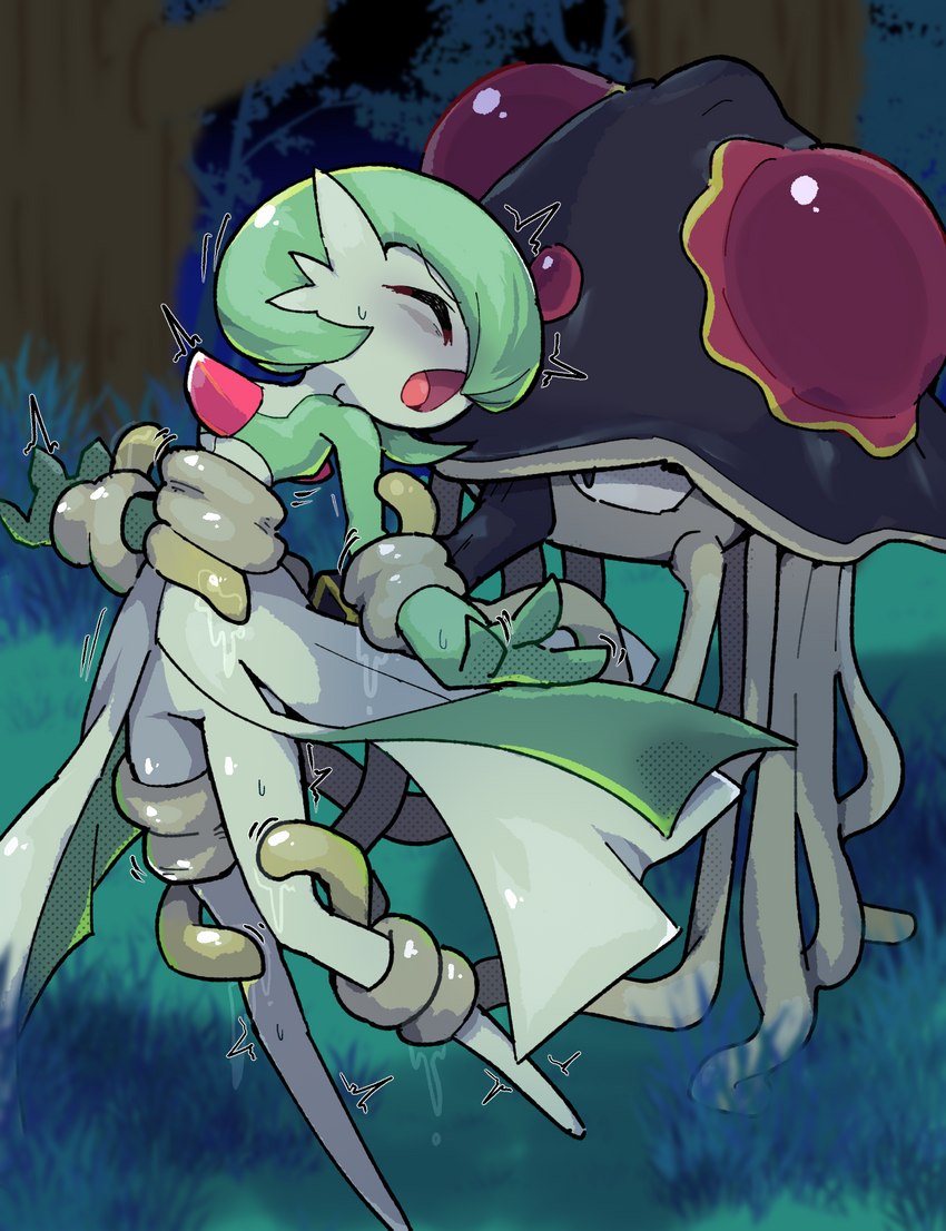 ambiguous_gender bdsm bodily_fluids bondage bound bound_midriff captured duo forest forest_background nature nature_background plant shaking sweat tentacles tree sasaki_rindou_(artist) nintendo pokemon gardevoir generation_3_pokemon generation_9_pokemon pokemon_(species) toedscruel hi_res