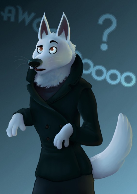 anthro black_nose bottomwear brown_eyes clothed clothing coat fully_clothed fur inner_ear_fluff neck_tuft pants question_mark simple_background solo text topwear tuft whiskers white_body white_fur lievre disney zootopia gary_(zootopia) canid canine canis mammal wolf 2016 english_text hi_res