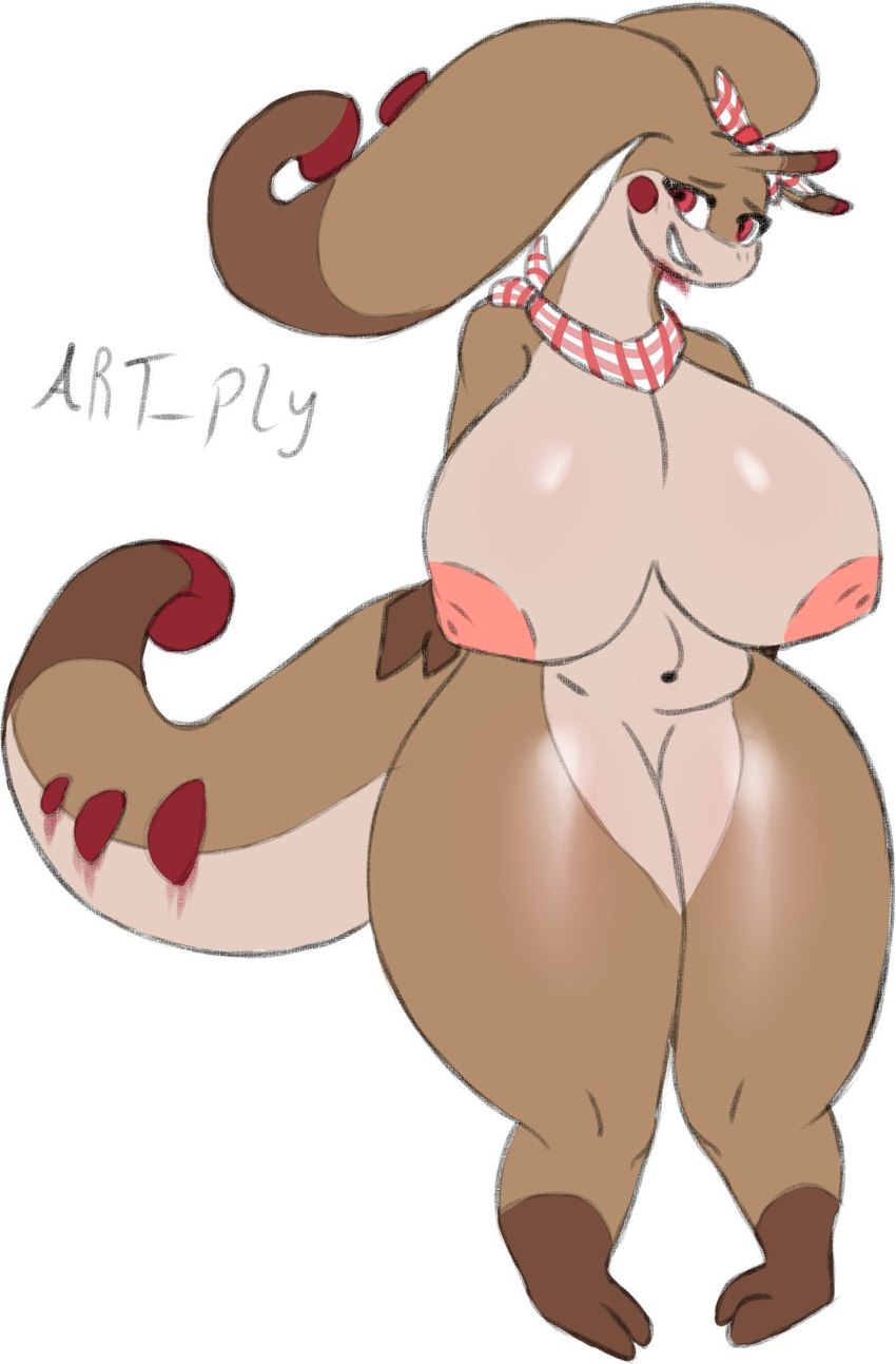 anthro belly big_breasts breasts crossed_arms female huge_breasts kerchief looking_aside nipples red_eyes smile solo tail wide_hips artply nintendo pokemon generation_6_pokemon goodra pokemon_(species) hi_res